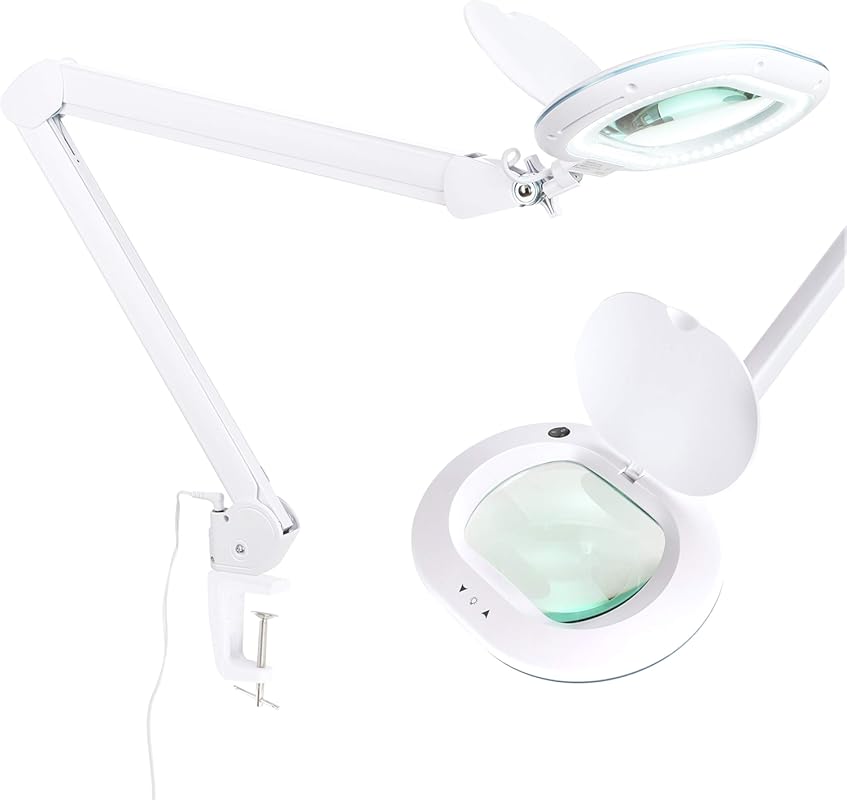 Adjustable LED Magnifying Desk Lamp with Clamp, Dimmable Wide Lens for