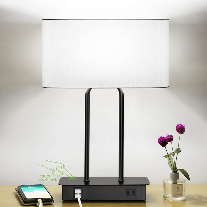 Dimmable LED Desk Lamp with Dual USB Phone Charger and AC Outlet.