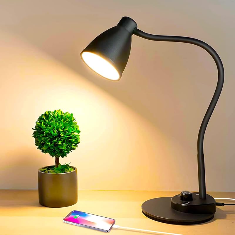Dimmable LED Desk Lamp with USB Charging Port, Flexible for Warm Light