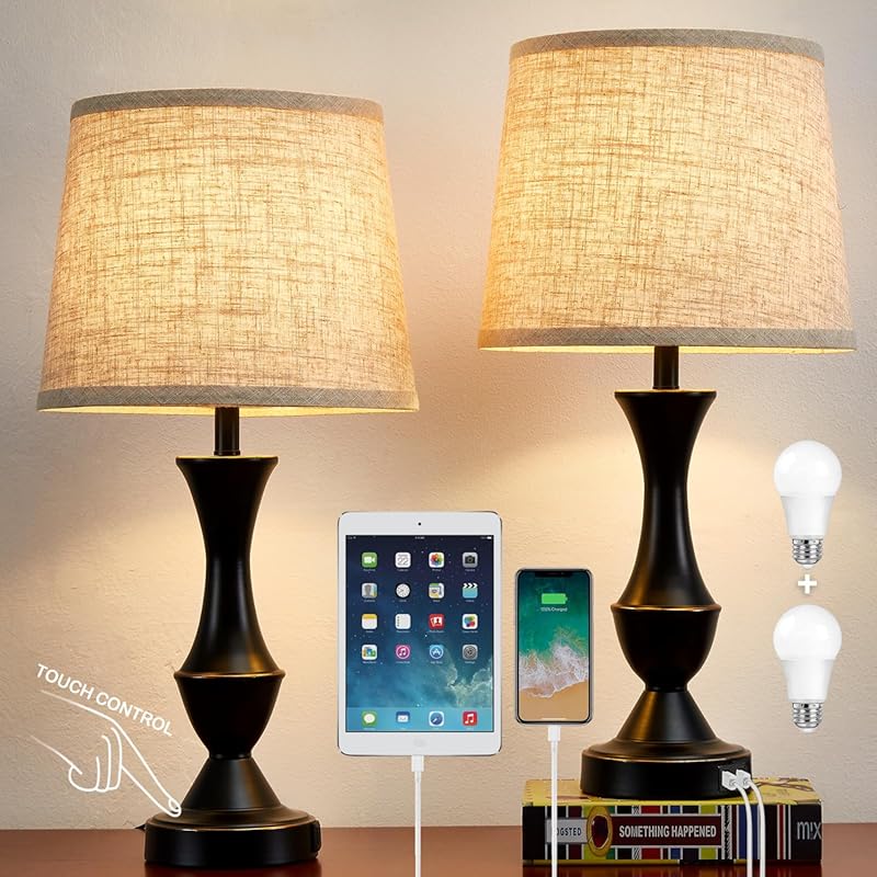 Best Tall Touch Table Lamps (Set of 2) with USB C+A Ports and Dimmable