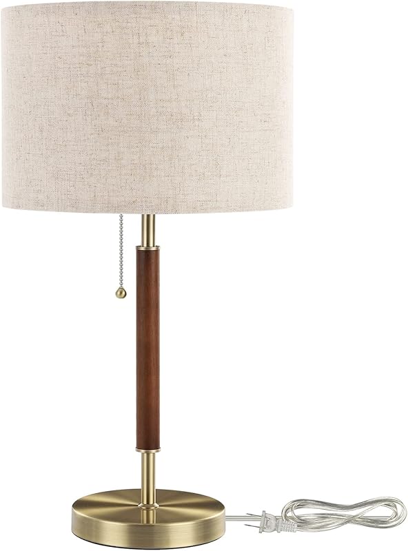 Elegant Mid Century Table Lamp with Pull Chain Switch. Solid Wood and Metal Pole