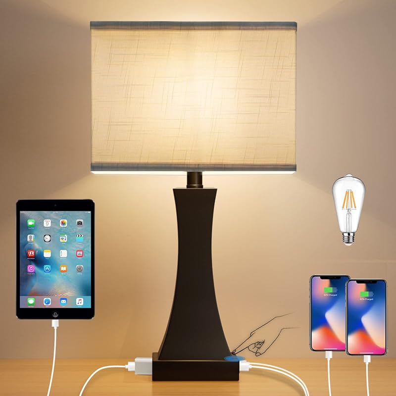 Best Touch Control Bedside Lamp with USB A+C Port, AC Outlet and 3-Way