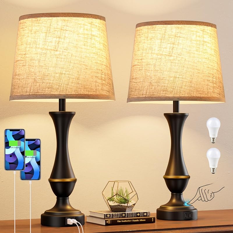 Best Touch Lamps (Set of 2) with USB C+A Charging and 3-Way Dimmable L