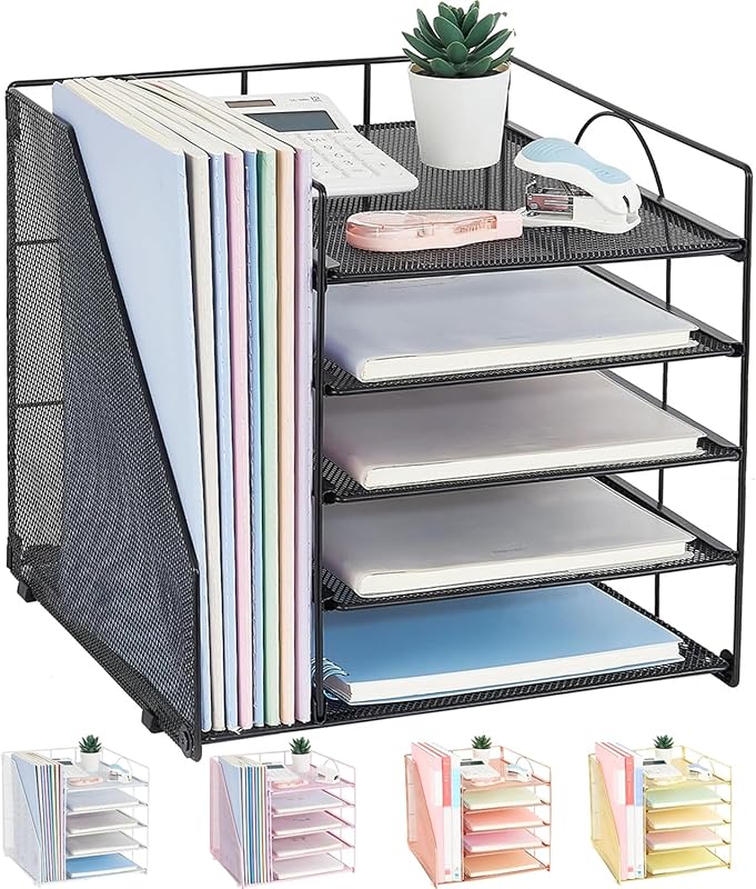 Five Tier Desktop Paper Letter Tray Organizer with Vertical File Holde