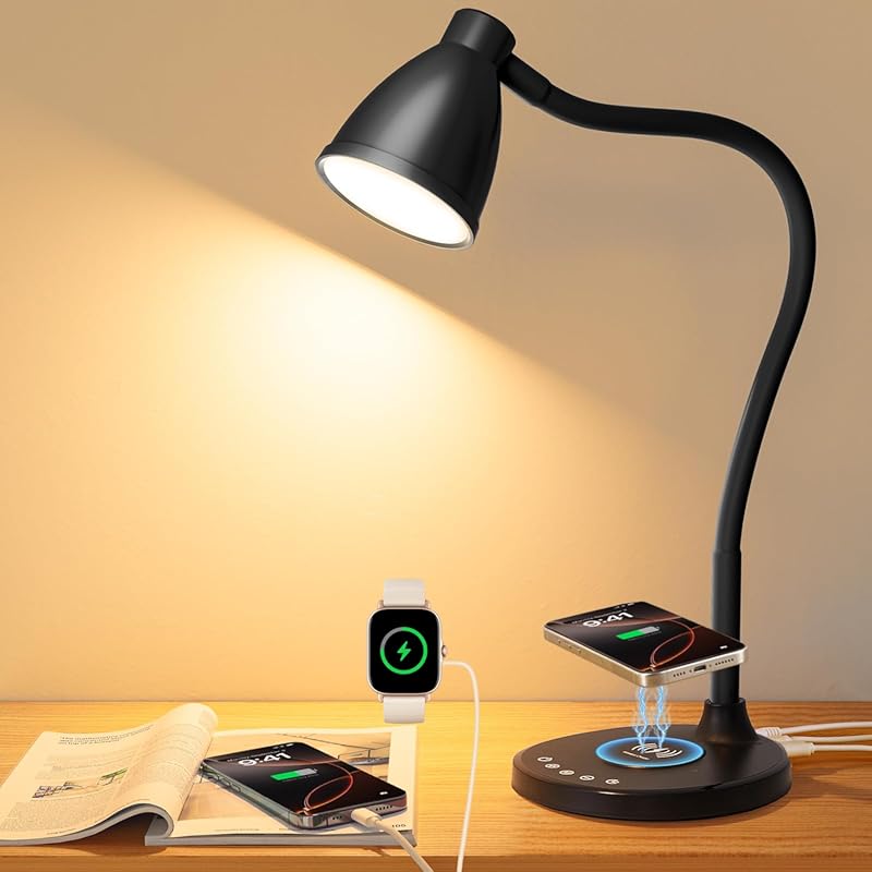 BOHON LED Desk Lamp with USB-C & USB-A Ports, Wireless Charging, Dimma