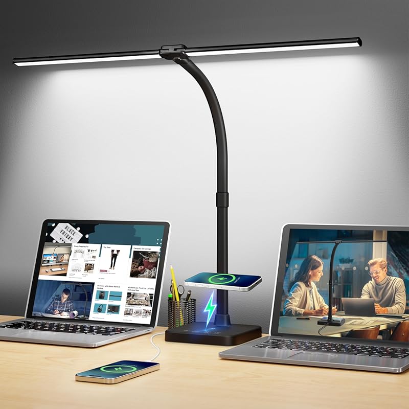 ShineTech Double Head LED Desk Lamp with USB Port, Wireless Charging,