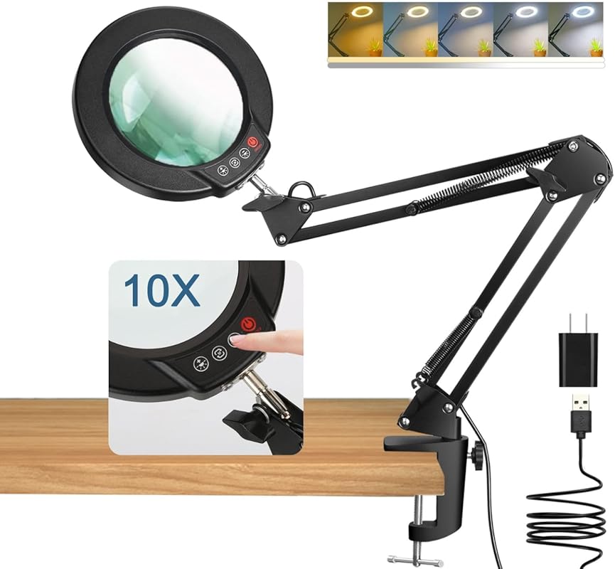 10X LED Magnifying Desk Lamp with Clamp, Dimmable Light, 5 Color Modes