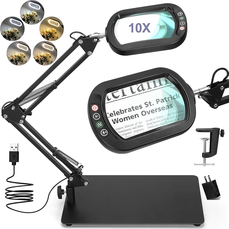 10X Square LED Magnifying Desk Lamp with Stand, Dimmable Light, Hands-