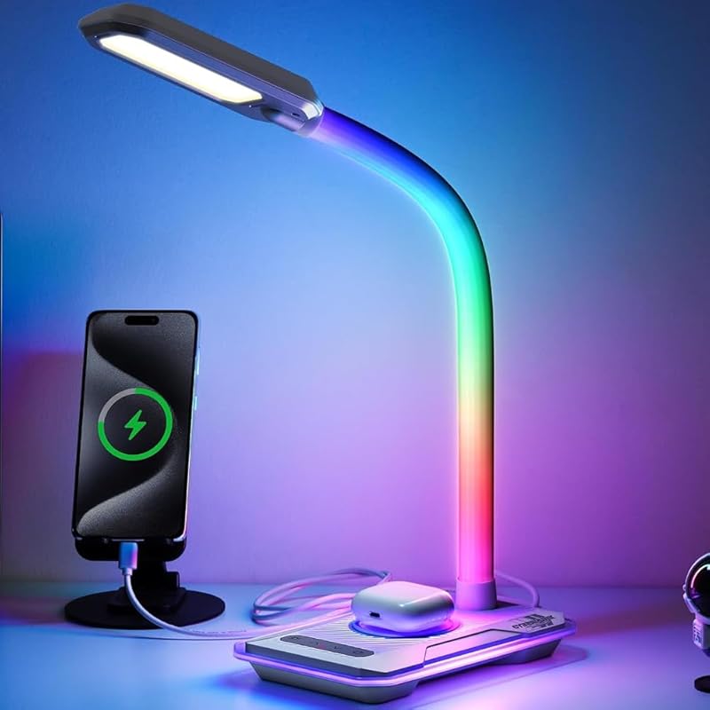 Gaming Desk Lamp with Wireless Charger, RGB Music Sync Lights, USB Por