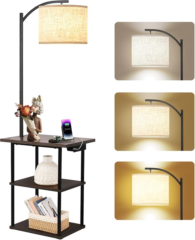 Modern Floor Lamp with Side Table, USB Charging Station, 3 Color Tempe