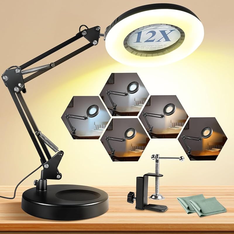 12X LED Magnifying Desk Lamp with Stand, 144 Dimmable Lights, Hands-Fr