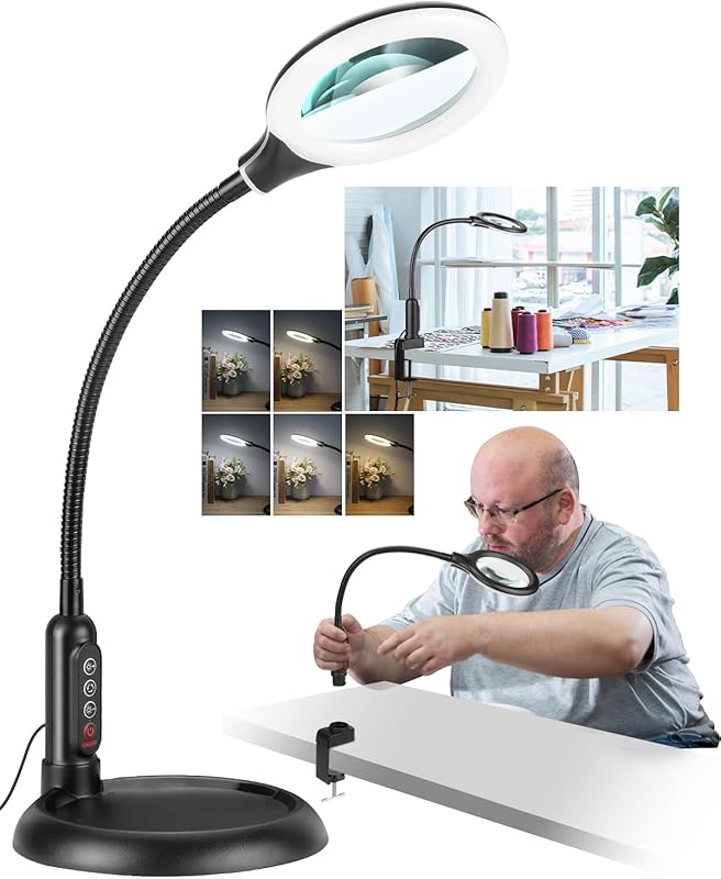 10X LED Magnifying Desk Lamp with Flexible Gooseneck, Dimmable Light,