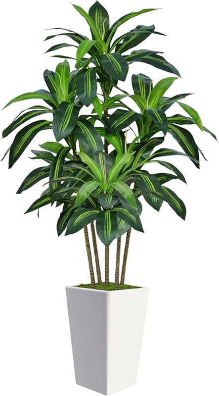 6FT Artificial Dracaena Tree, Fake Tree Indoor with White Tall Planter