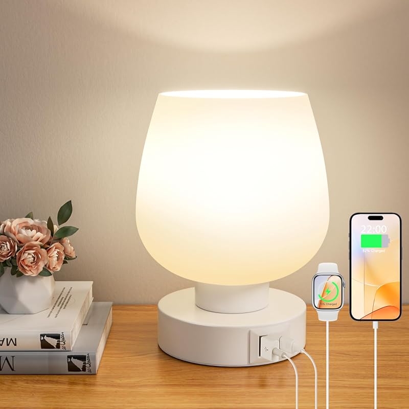 Best Touch Table Lamp with USB C+A Ports, White Glass Shade, 3-Way Dim