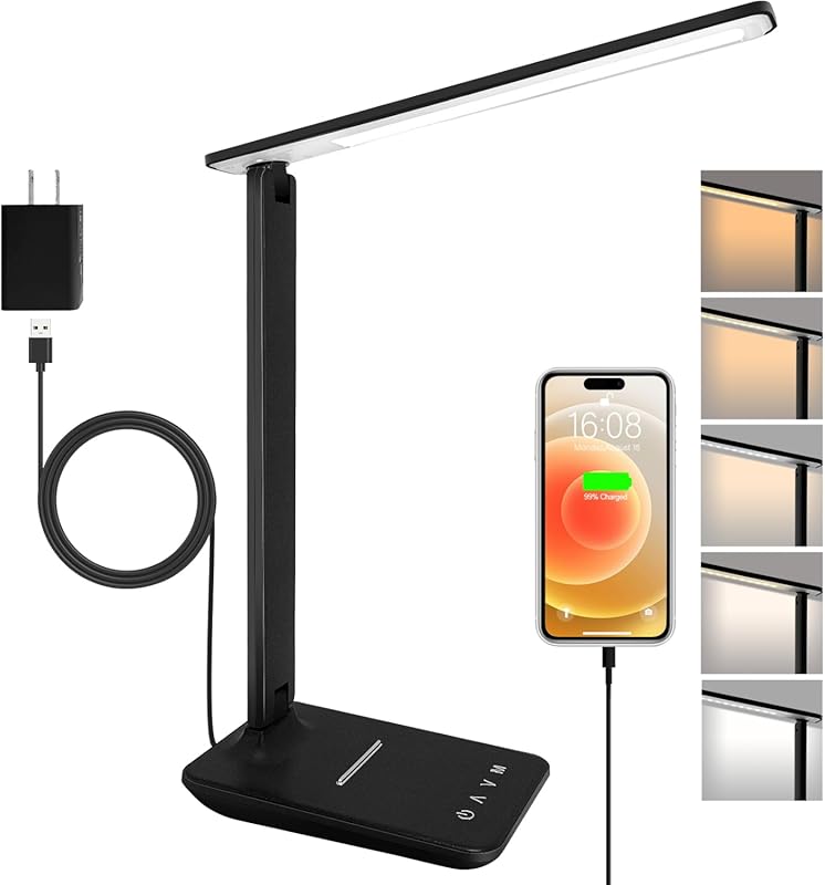 Rechargeable LED Desk Lamp with USB Charging, Adjustable 5-Mode Dimmab