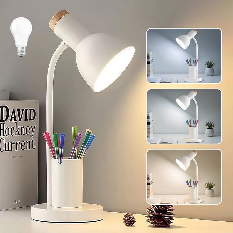 Eye-Caring LED Desk Lamp for Studying: Pen Holder, 3 Color Modes, Flex
