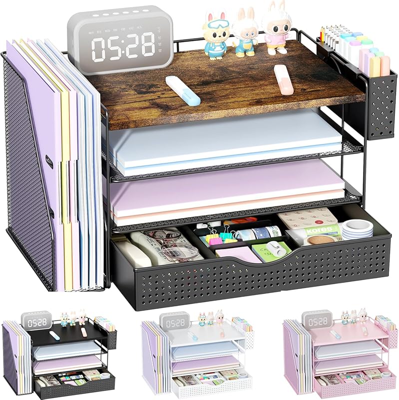 Four Tier Wood Desk Organizer with Vertical File Holder Storage Drawer