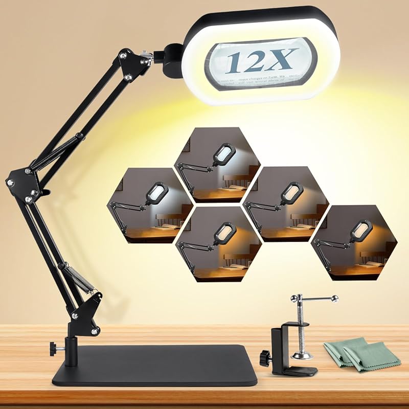12X Square LED Magnifying Desk Lamp, 144 Dimmable Lights, Hands-Free f