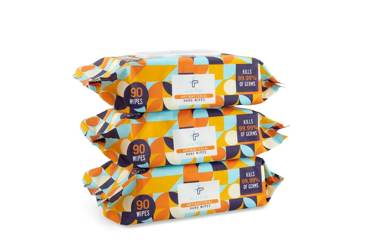 Alta Antibacterial Hand Wipes, 90-Count Travel Packs for Gentle Skin C