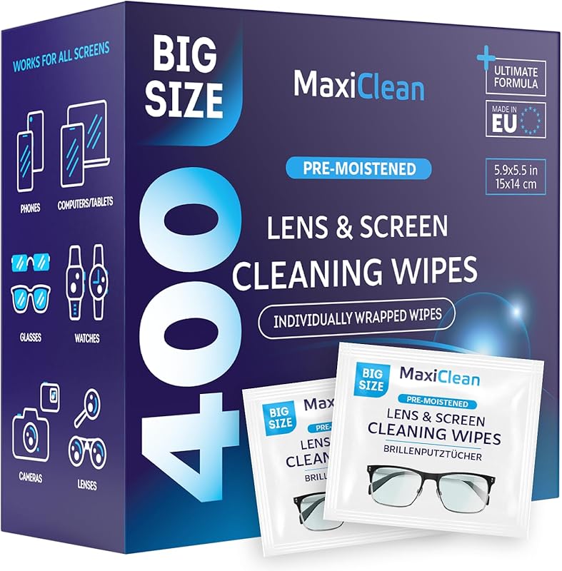 Lens and Screen Cleaning Wipes, 400 Individually Wrapped Cloths for Ey