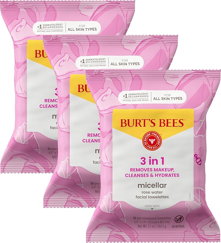 Burt’s Bees Micellar Rose Water Facial Cleansing Wipes, Plant-Based Ma