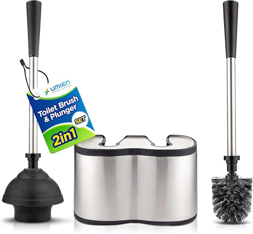 UMIEN 18-inch Toilet Brush and Plunger Set with Stainless Steel Design