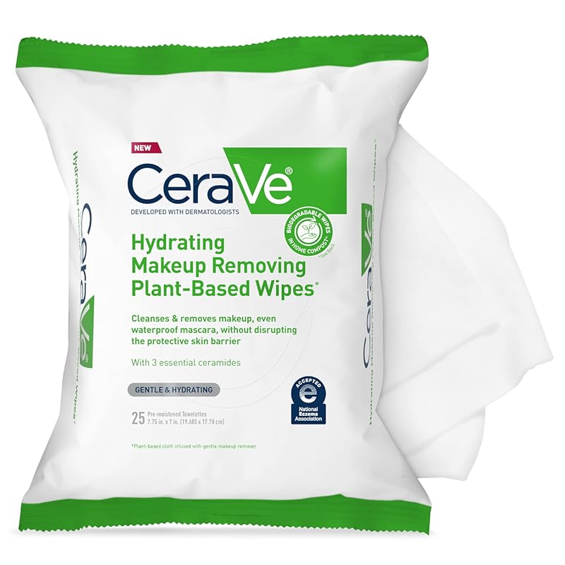 CeraVe Makeup Remover Cleansing Wipes, Plant-Based Biodegradable Face 