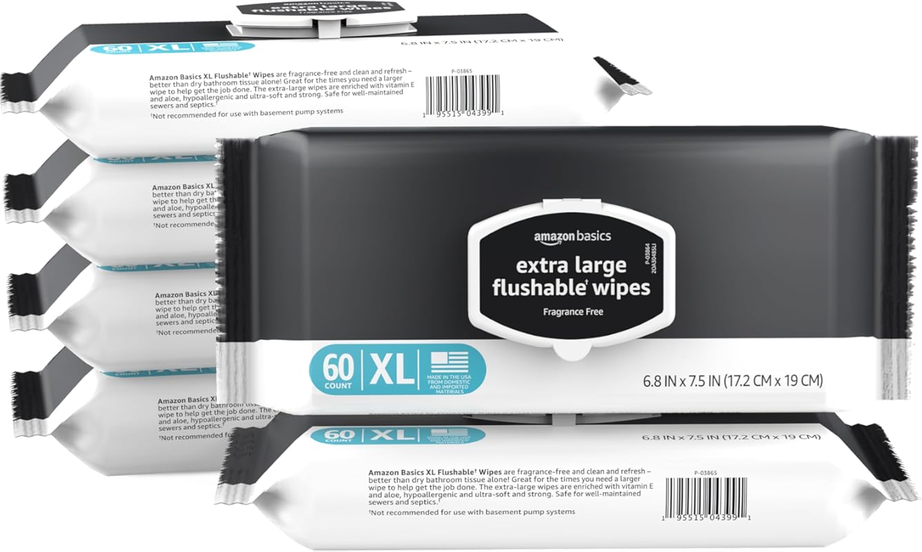 Amazon Basics Extra Large Flushable Wipes, Adult Flushable Wet Wipes w