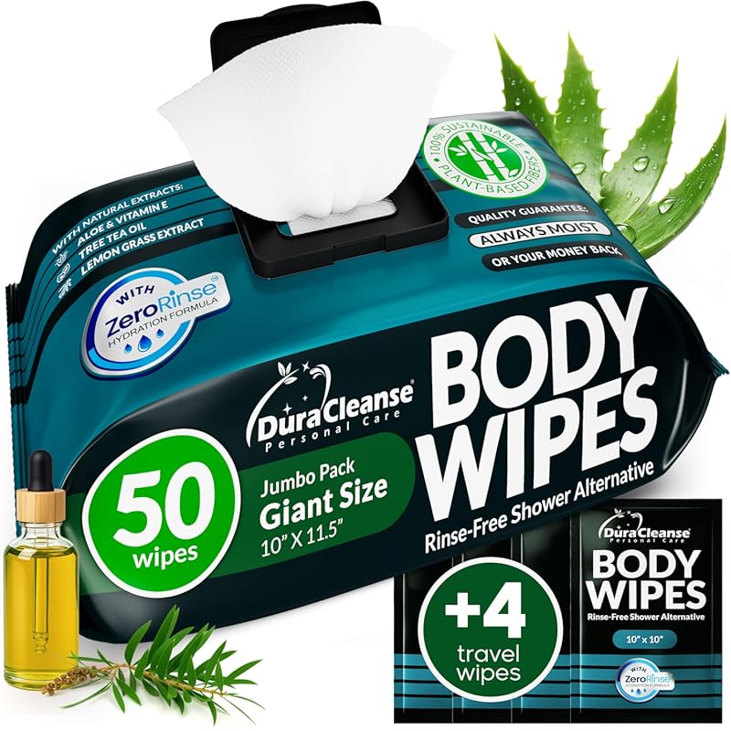 Body Wipes for Men, XL Zero Rinse Shower Sheets for Gym, Camping and T