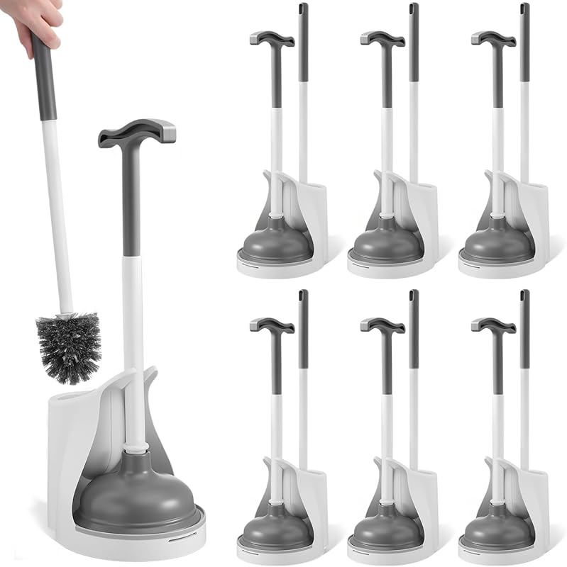Reallnaive 6-Pack Toilet Brush and Plunger Set with Holder and Extende